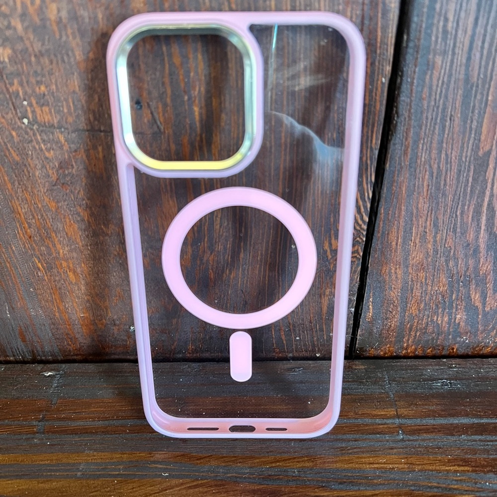 iPhone 14 Pro Max Clear With Pink Border and Gold Camera Bumper Phone Case